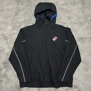 Dominos Gear Jacket Mens Size Large Black Rain Jacket Windbreaker Hooded Zip